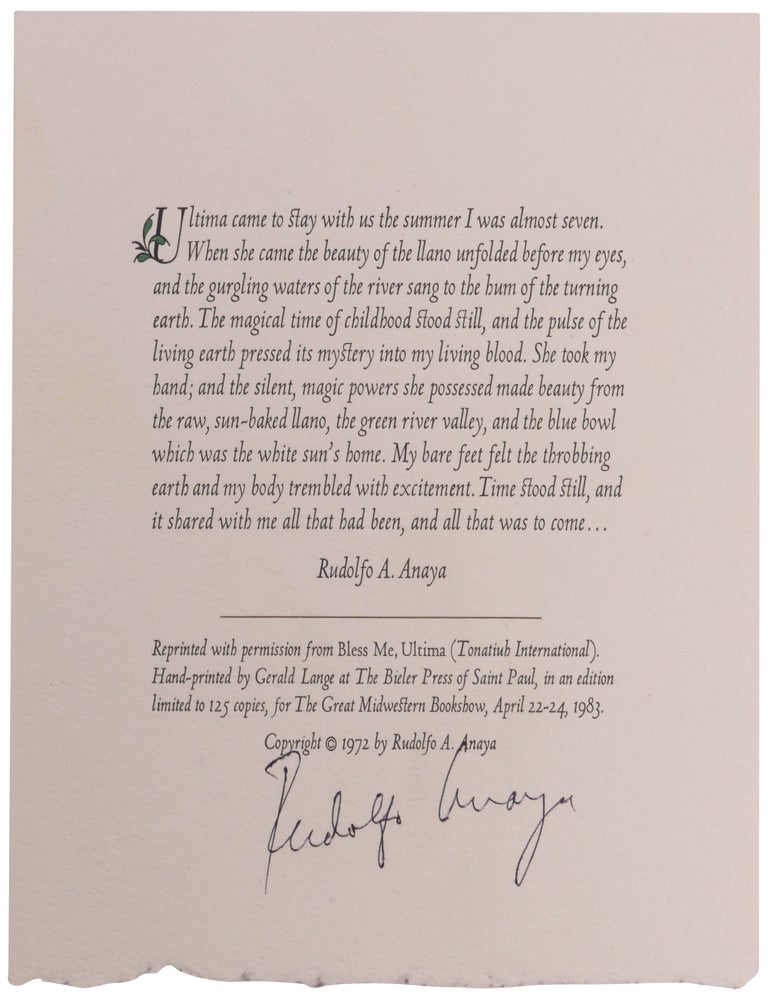 Item No: #11163 "Ultima came to stay with us the summer I was almost seven". Rudolfo A. Anaya.