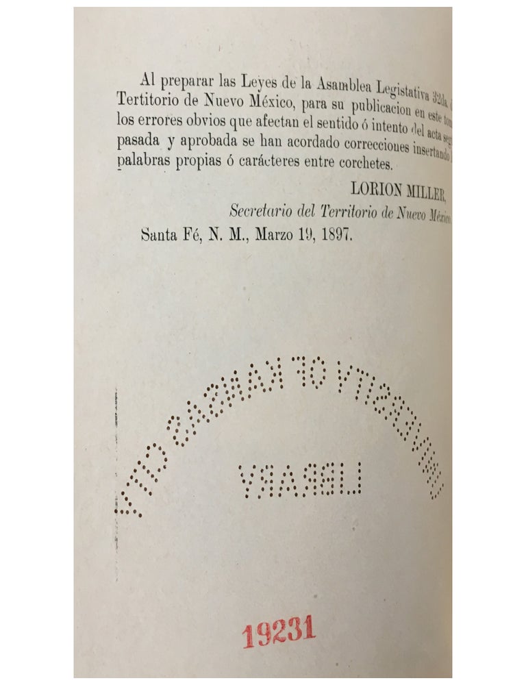1897. Actas de la Asamblea Legislativa del Territorio de Nuevo Mexico