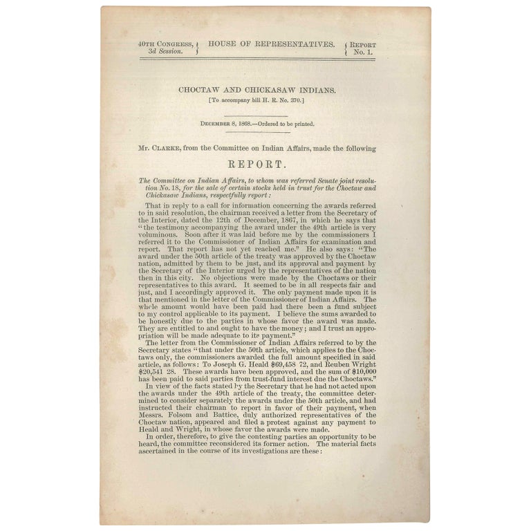 Item No: #307440 Choctaw and Chickasaw Indians.... Report... for the Sale of Certain Stocks Held in Trust. Sidney Clarke.