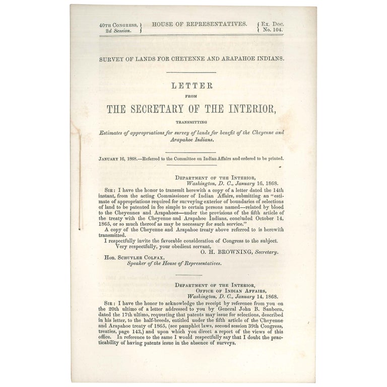 Item No: #307485 Survey of Lands for Cheyenne and Arapahoe Indians: Letter from the Secretary of the Interior, Transmitting estimates of appropriations for survey of lands for benefit of the Cheyenne and Arapahoe Indians