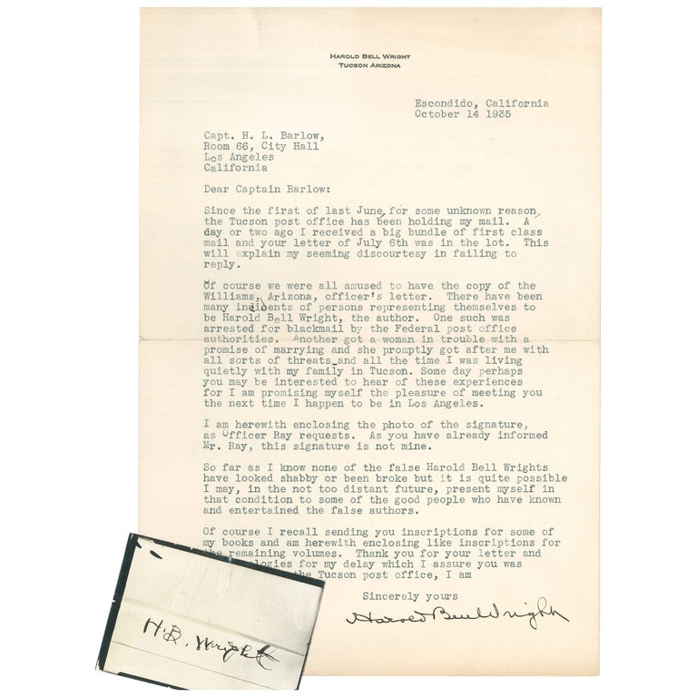 Item No: #307743 Typed Letter, Signed, About Forgeries and Impersonators. Harold Bell Wright.