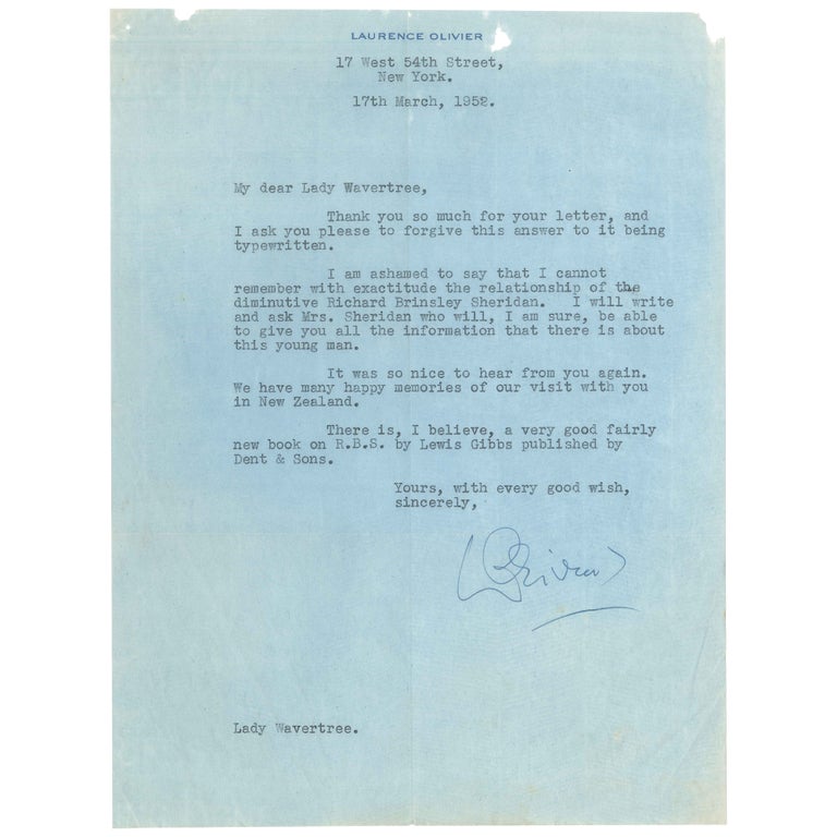 Item No: #307759 Typed Letter, Signed, to Lady Wavertree (Sophie Florence Lothrop Sheridan Walker). Laurence Olivier.