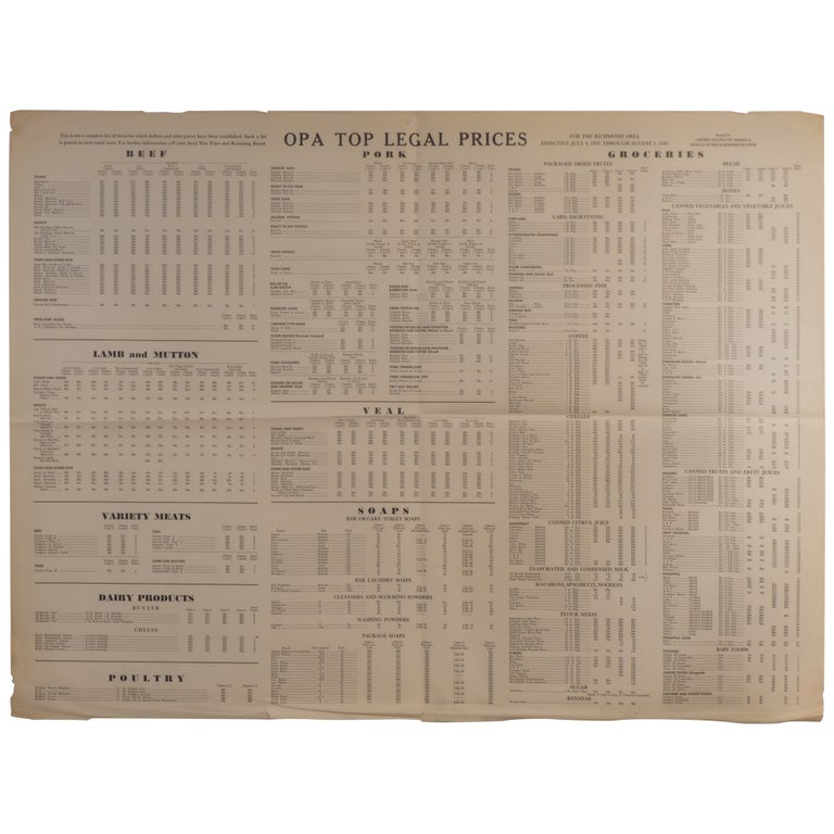 Item No: #308108 OPA Top Legal Prices for the Richmond Area, Effective July 4, 1943 through August 1, 1943 [Poster]. Office of Price Administration.