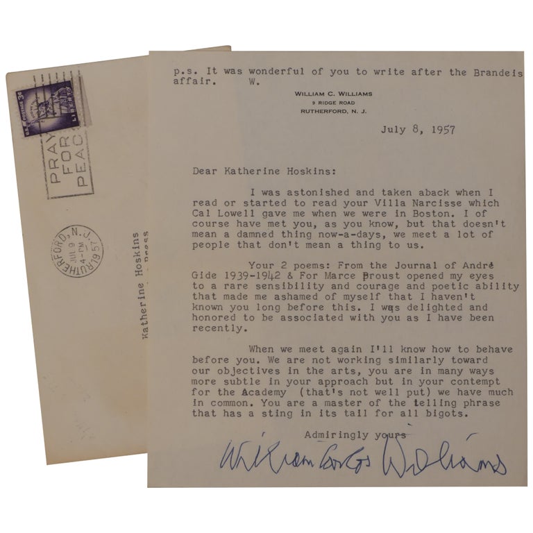 Item No: #360743 [Praise of the Poet Katherine Hoskins in a Typed Letter, Signed]. William Carlos Williams.