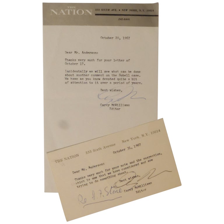 Item No: #361569 Two Typed Notes, Signed. Carey McWilliams.
