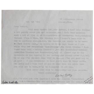 Item No: #361876 Typed Letter, Signed, about railroad research by the author of...