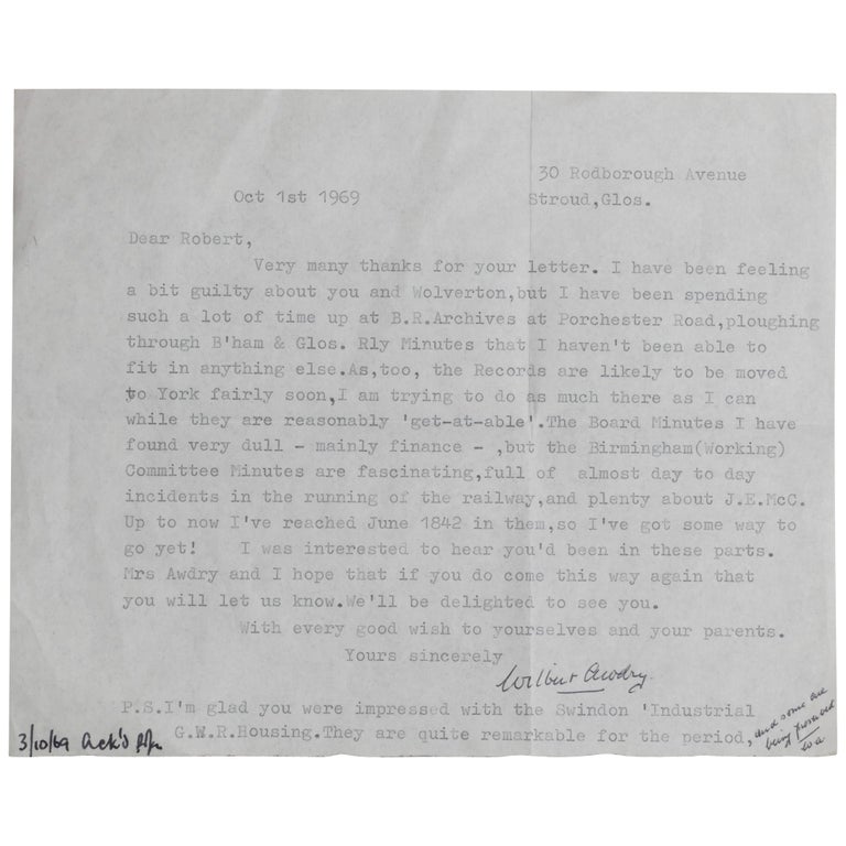 Item No: #361876 Typed Letter, Signed, about railroad research by the author of Thomas the Tank Engine [TLS]. Wilbert Awdry.
