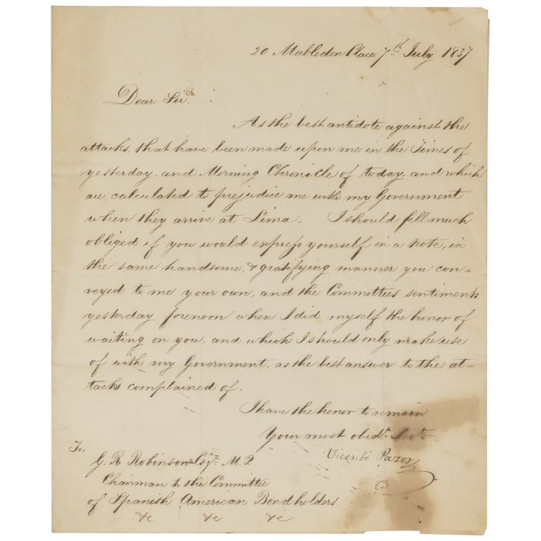 Item No: #362099 Manuscript Letter, Signed by the Indigenous Latin American Writer and Diplomat. Vicente Pazos Kanki.