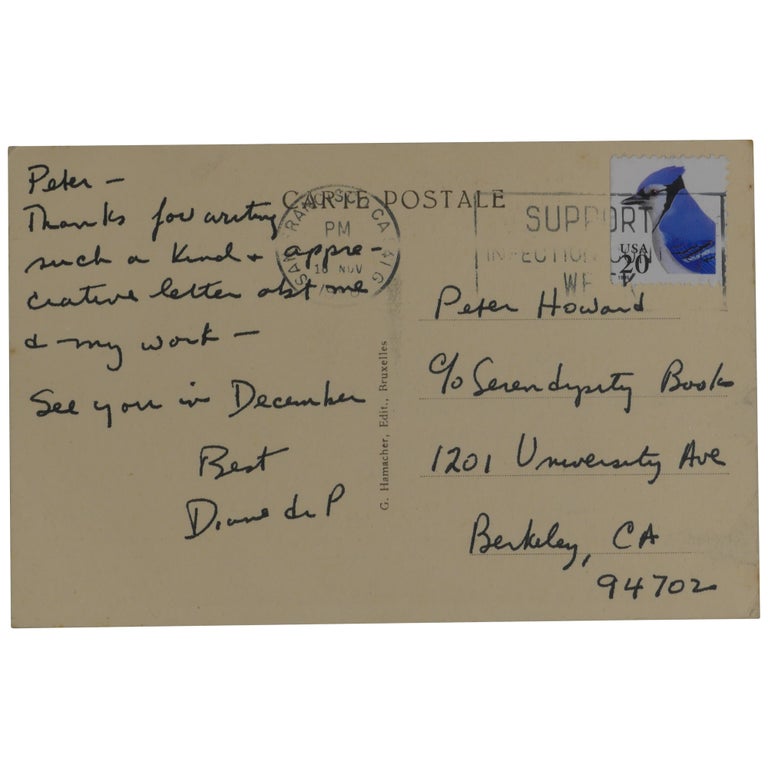 Item No: #362189 Autograph Postcard Signed (APCS). Diane Di Prima.