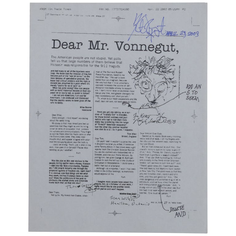 Item No: #362376 "Dear Mr. Vonnegut" from In These Times, May 26, 2003 [Signed Photocopied Proof]. Kurt Vonnegut.