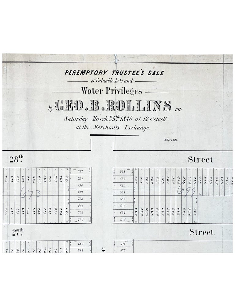 Peremptory Trustee's Sale of Valuable Lots and Water Privileges by Geo. B. Rollins on Saturday March 25th 1848 at 12 o'clock at the Merchants' Exchange