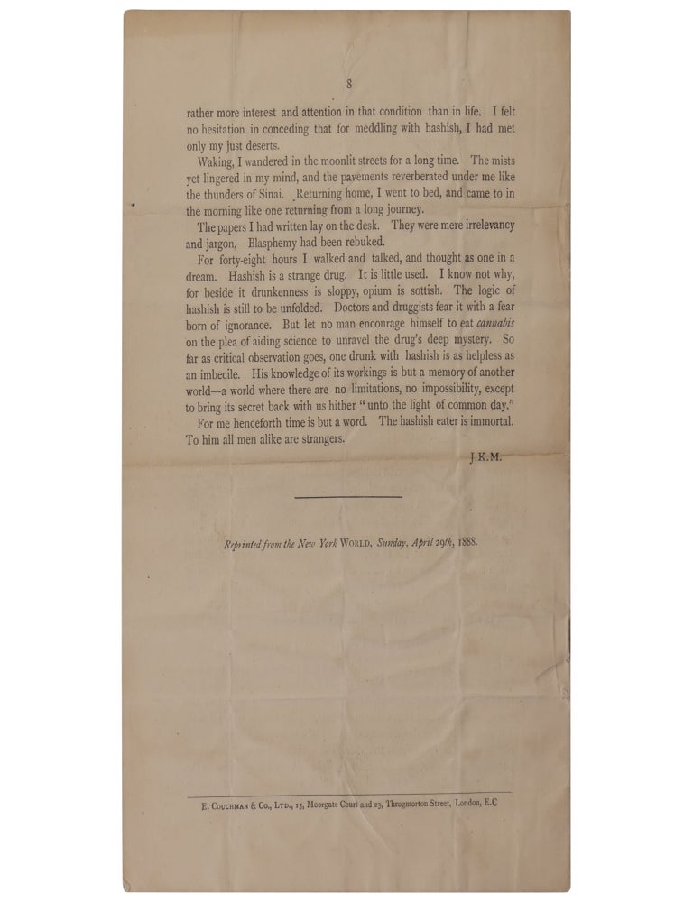 Herrings' Extract Cannabis Indica: Or the Results of Hashish by the "New York World" Reporter. Experiments on Himself with the Drug