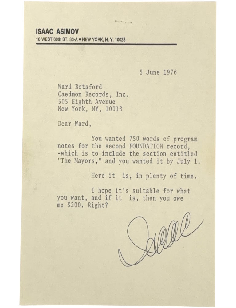 Item No: #366324 Typed Letter, Signed, (TLS) about a Foundation Spoken Word Record. Isaac Asimov.